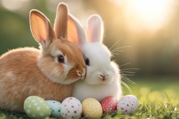 Obraz premium Rabbits in a lush green field. Easter eggs. Generative AI