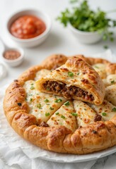 Porción de pide turco recién horneado con carne picada y queso