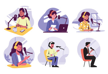 People Recording Podcasts Illustration Set