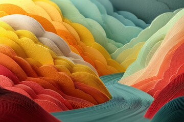 Obraz premium Layered, multicolored landscape with a winding blue river through the scene