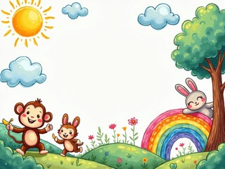 Fototapeta premium Fondo de dibujo a crayón con animales juguetones, árboles, nubes, sol y arcoíris