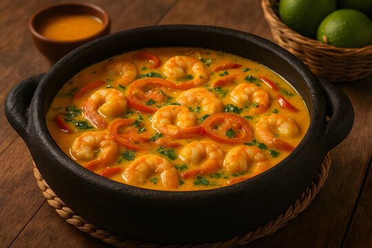 Brazilian shrimp moqueca de camar&atilde;o with bell peppers and fresh herbs in clay pot with coconut milk and tropical spices
