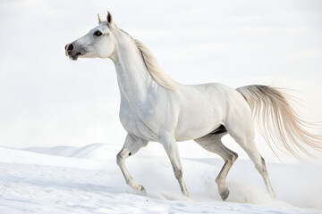 Obraz premium A beautiful white equine with a flowing mane stands in the winter snow