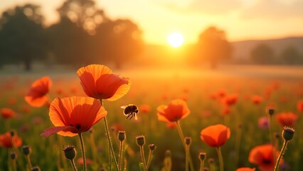 Obraz premium Bee Over Poppy Field at Sunrise: Golden Meadow with Red Poppies, wildflowers, and sunlight.