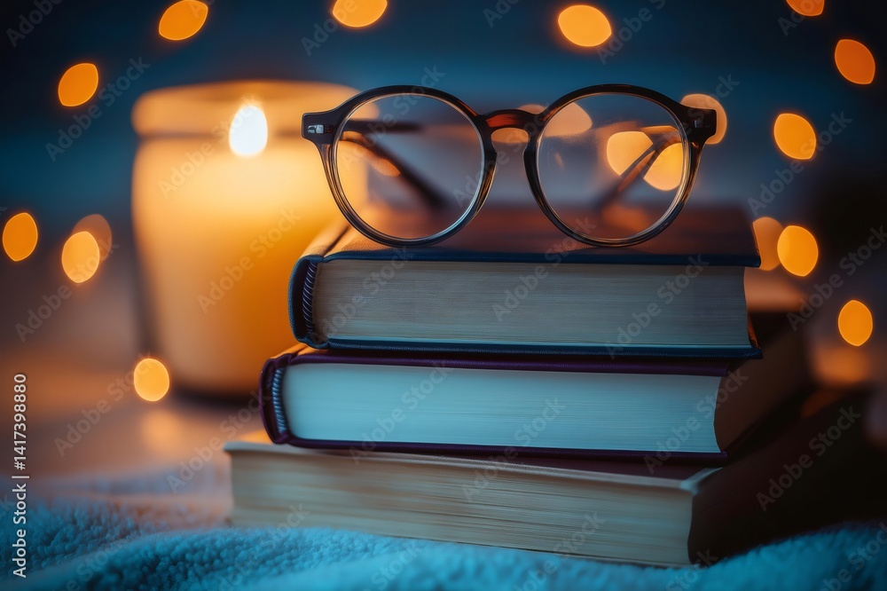 Poster eyeglasses sit on a stack of books, illuminated by the warm glow of a candle, creating a cozy and in
