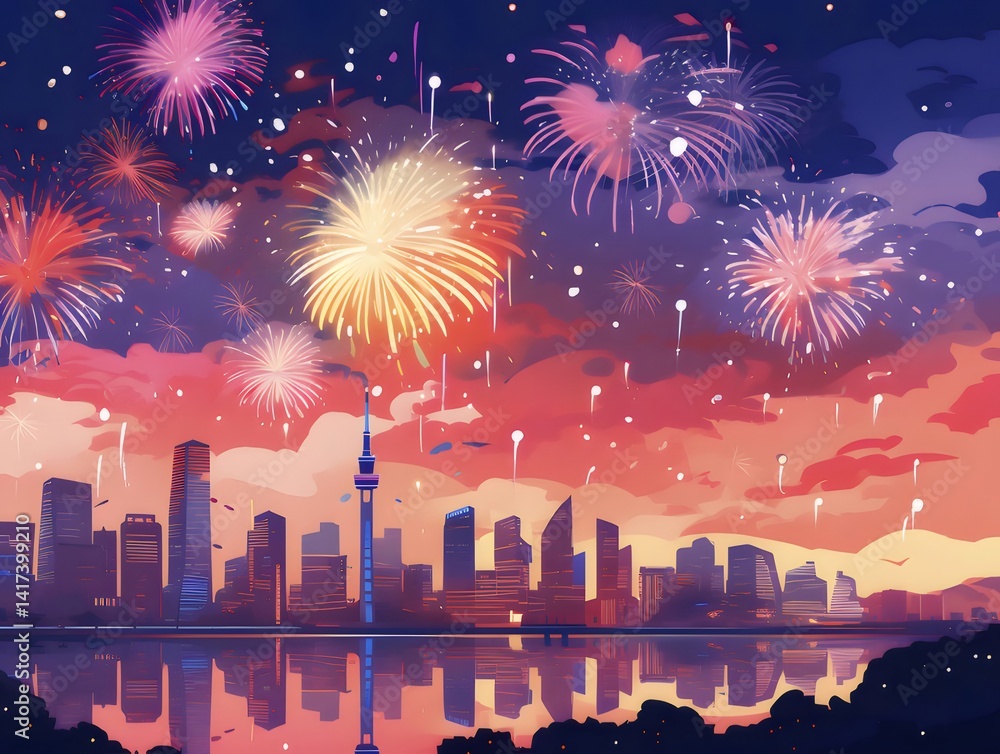 Poster 夕焼け空に咲くカラフルな花火と都市のシルエット 夜の祝祭の風景 湖面に映る光の反射と輝き