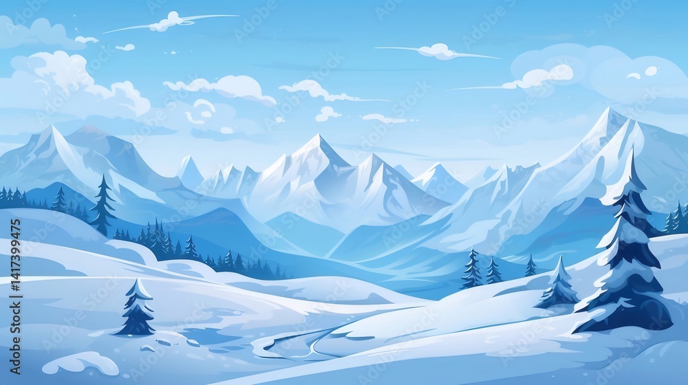 Aufkleber ピクセル化された冬の雪山風景 青い空と雪景色 遠景の山々と松の木のイラスト 穏やかな冬のシーン