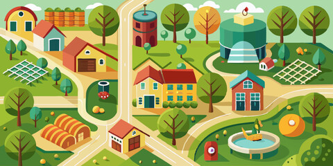 Naklejka premium Top-down view of a farm landscape with barns, roads, gardens, and buildings in a detailed vector illustration. Rural farming village with agricultural fields and country roads.