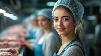 Young woman in a food processing facility, smiling while working alongside colleagues preparing meat