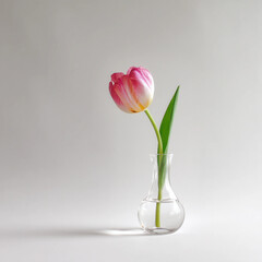 A single pink and white tulip is in a clear vase