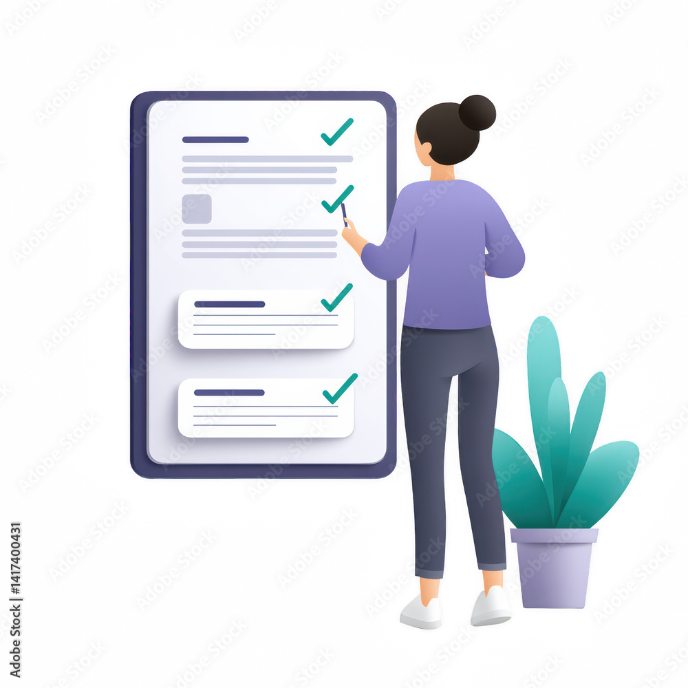 Poster a person is completing a checklist on a digital interface while standing beside a potted plant.