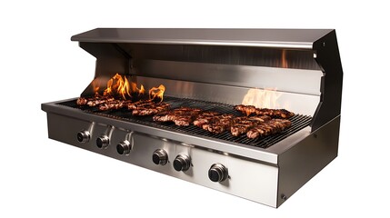 Steaks grilling on outdoor gas grill.