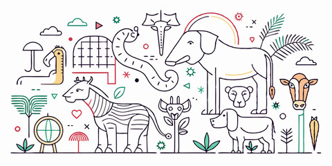 Hand-drawn sketch icons of African animals, including lions, elephants, giraffes, and rhinos, in a minimalist style