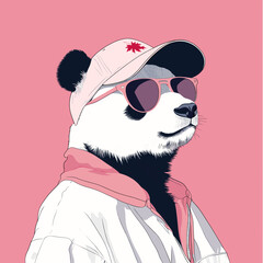 A minimalist panda wearing a baseball cap turned backwards, with maple‑leaf patterned sunglasses, bold strokes and negative‑space detailing