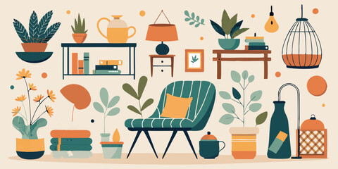 Fototapeta premium Scandinavian living room with modern cozy furnishings, leafy houseplants and warm textile accents. Minimal home design with nordic furniture, natural textures, and neutral color palette.