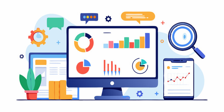 Digital SEO audit report on desktop monitor in bright workspace. Keyword ranking insights, traffic data, and performance metrics for search engine optimization dashboard.

