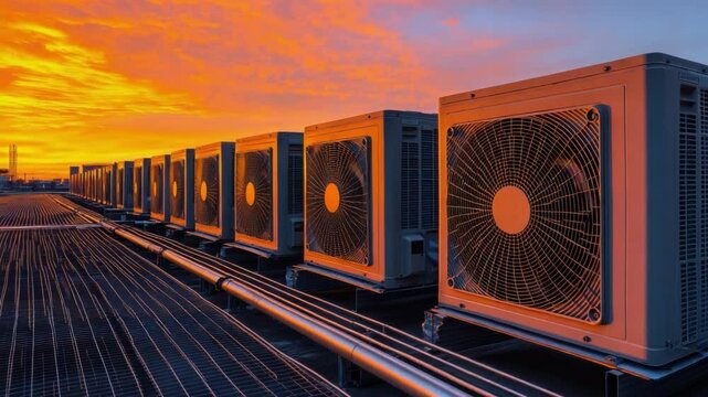 A row of powerful air conditioning units, lined up on a rooftop, stand against the backdrop of a stunning sunset.