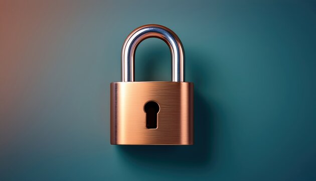 Padlock Security: A bronze padlock symbolizes safety, security, and protection. Its gleaming metal finish and robust design convey a sense of trustworthiness.