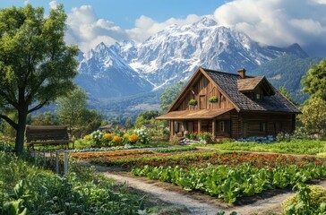 8K A traditional wooden house with a mountain backdrop,