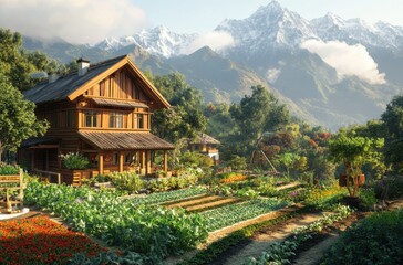 Fototapeta premium 8K A traditional wooden house with a mountain backdrop,