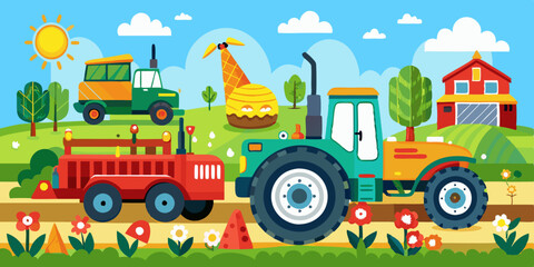 Cheerful cartoon tractor and plow working together on vibrant farm field. Colorful harvester with smiling face collecting crops in bright sunny rural landscape.

