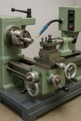 Fototapeta premium A green metal engine lathe machine stands on a factory floor against a neutral gray wall.