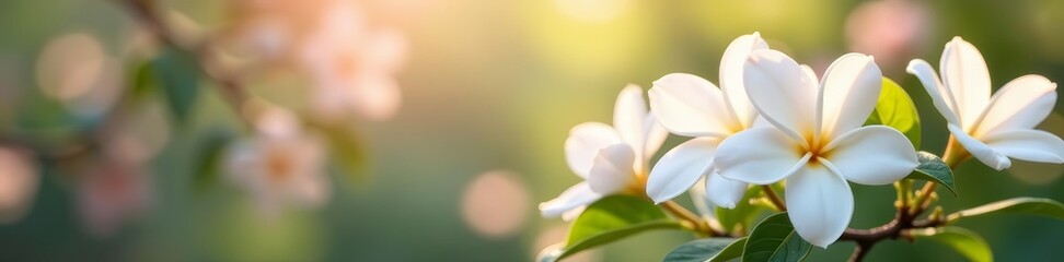 Fototapeta premium - Beautiful jasmine flowers in full bloom against a soft focus backdrop, springtime, garden