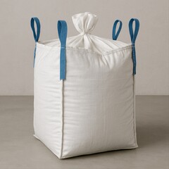  A large white FIBC (Flexible Intermediate Bulk Container) stands upright on a light gray concrete floor.