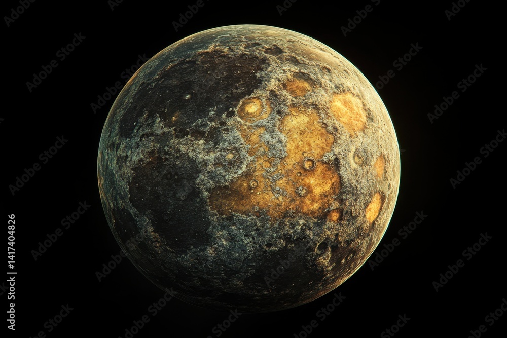 Poster close-up view of a rocky planet displaying craters and surface textures in deep space