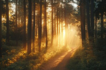 Obraz premium 8K atmospheric pine forest trail, golden sunlight