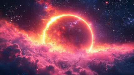 Fiery ringed sun blazing through cosmic clouds.