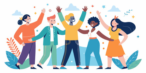 Diverse team of professionals high fiving and hugging in modern office. Multicultural coworkers celebrating teamwork, unity, collaboration, mutual support and group success