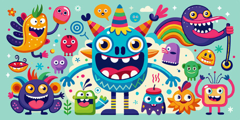 Naklejka premium Playful colorful monsters set with big eyes and funny faces. Abstract cartoon creatures with cheerful expressions, friendly monsters characters for kids illustrations, stickers, and games.