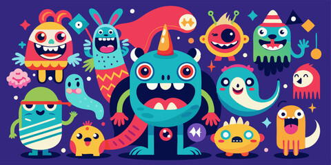 Obraz premium Playful colorful monsters set with big eyes and funny faces. Abstract cartoon creatures with cheerful expressions, friendly monsters characters for kids illustrations, stickers, and games.