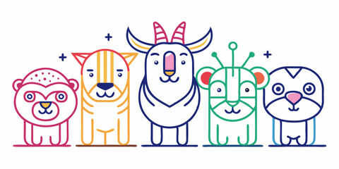 Colorful minimalist line drawing set of animals in abstract vector style