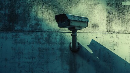 Security camera mounted on a weathered concrete wall.