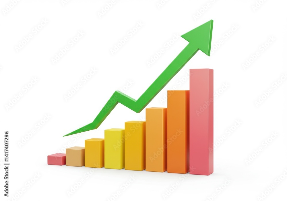 Poster colorful bar graph with a green arrow pointing upwards isolated on white background