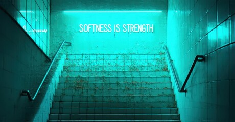 Fototapeta premium Blue staircase illuminated by neon sign. Steps lead upwards, creating strong perspective. Minimalist aesthetic, cool tones, modern design. Inspiring message.