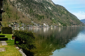 Fototapeta premium Hallstatt Austria. Alpine Village Nestled By Mountain Lake