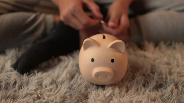Close-up view revealing hand carefully inserting coins into pink piggy bank resting on plush carpet, representing personal financial planning and gradual wealth accumulation