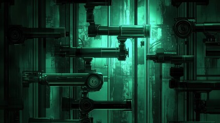 Fototapeta premium Rows of futuristic surveillance devices in a dark, green environment.