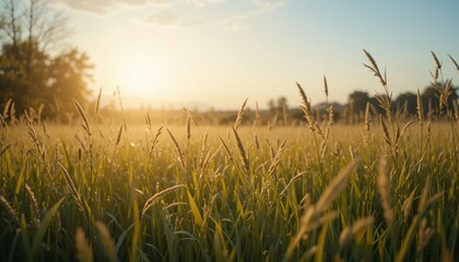 Fototapeta premium Sunrise action over lush green fields rural nature landscape photography vibrant atmosphere peaceful viewpoint serenity concept