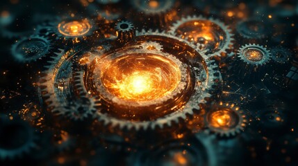 Intricate Gears and Fiery Swirls in Futuristic Mechanical Design