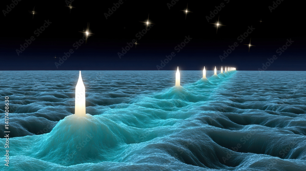 Poster quantum mechanic, visualization of a quantum field in space, showcasing abstract scientific concepts