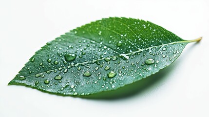 Pristine green leaf coated in dew drops.