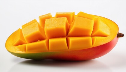 Mango Delight: A close-up view showcases a vibrantly sliced mango, revealing its succulent, juicy interior and the refreshing appeal of this tropical fruit.