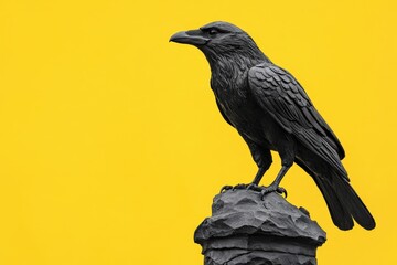 Fototapeta premium Raven perched atop a weathered stone column against a vibrant yellow background.