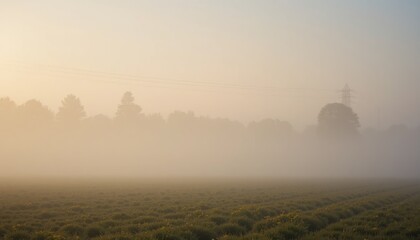 Fototapeta premium Mysterious fog blanketing rural fields at dawn nature photography serene environment wide-angle view ethereal landscape