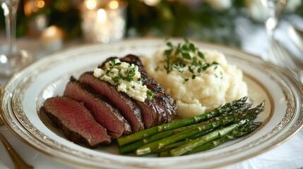 Delicious gourmet steak with creamy mash and fresh asparagus garnish