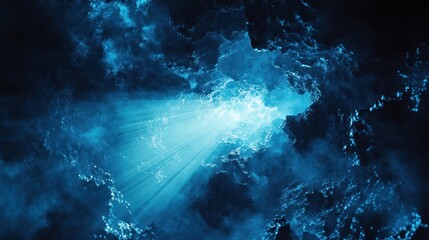 Underwater light rays illuminating a dark cave ambiance with marine mood